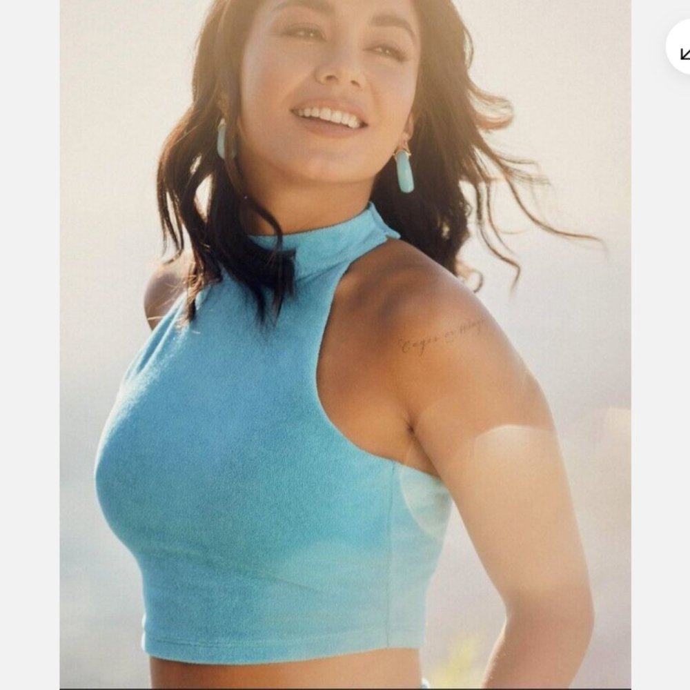 Vanessa Hudgens x Fabletics Blue Terry Crop Top Mock Neck Racerback Crop Top